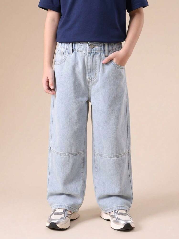 Boys Relaxed Fit Light Wash Wide Leg Denim Jeans With Seam Detail And Barrel Silhouette