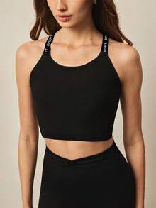 With My Calm 字母印花交叉露背夏季吊带背心 - 黑色 - 查看 5