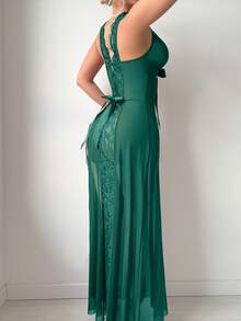 Snug Zone Conjunto de 2 piezas de camisón sexy con espalda descubierta, lazo y tanga con adorno de encaje y malla - Verde - Ver 8