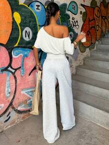 Muchica 女士纯色不对称肩部上衣和抽绳腰阔腿裤休闲两件套 - 灰色 - 查看 2