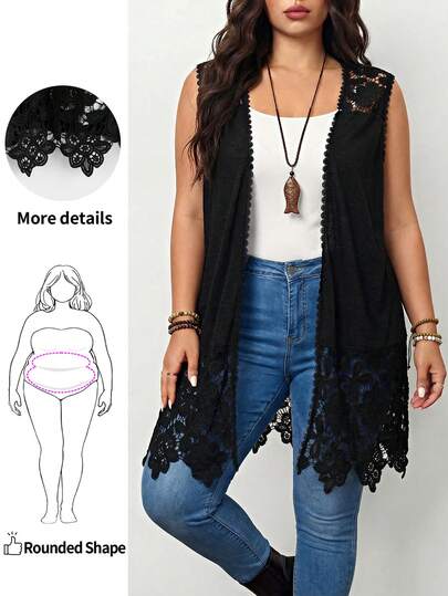 Enliva Plus Size Solid Color Hollow Out Sleeveless Long Jacket Winter Fall Autumn