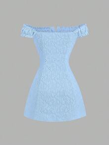 Sweetra Women's Sweet Jacquard Texture Hollow-Out Sexy Off-Shoulder Casual Fitted Dress For Spring/Summer - Blue - View 2