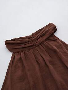 Aalyst Women's Coffee Brown Silk-Like Satin High Neck Ruffle Collar Sleeveless Tank Top,Summer Elegant Tea Party Backless Loose A-Line Hem French - Coffee Brown - View 7