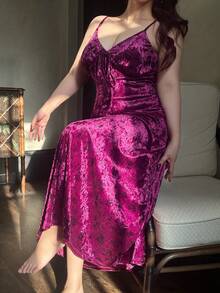 Dazy Plus Flocked Floral Bodycon Sexy Long Sleeve Maxi Nightgown, Plus Size Women Spring/Summer Sleepwear - Hot Pink - View 5