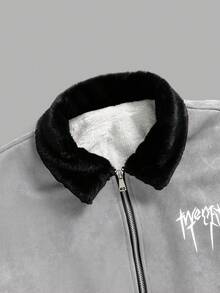 PAVTROS Men's Casual Turndown Collar Fleece-Lined Black Jacket, Versatile Small Logo Print Street Style Retro Ins Outfit, Autumn/Winter - Light Grey - View 7