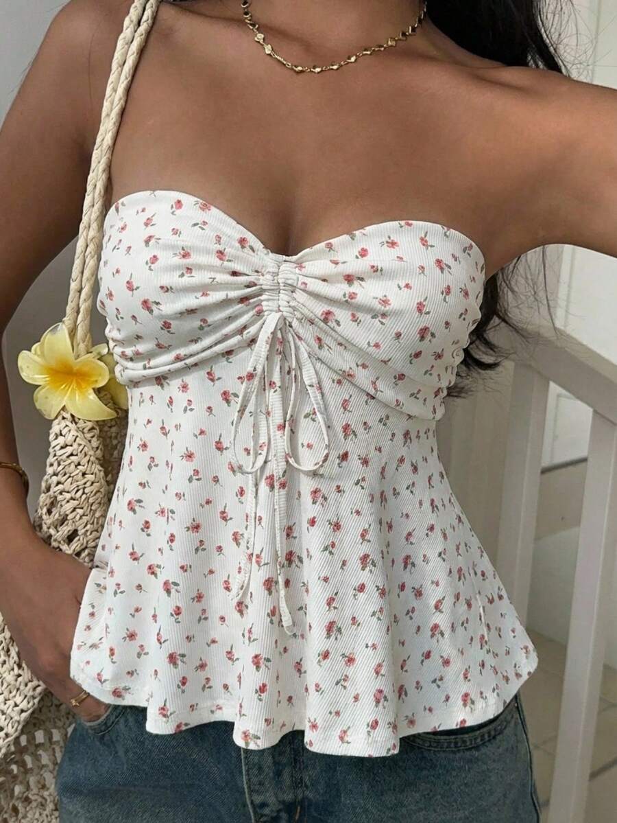 SHEIN EZwear 女士白色碎花抽绳吊带背心 - 白色 - 查看 1