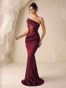 Coutiva 女士褶皱亮面优雅收腰正式晚礼服 - 酒紅色 - 查看 3