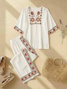 Women's Floral Print Notched Neck Top And Pants 2 Pieces Set, Summer Vacation - White - View 4
