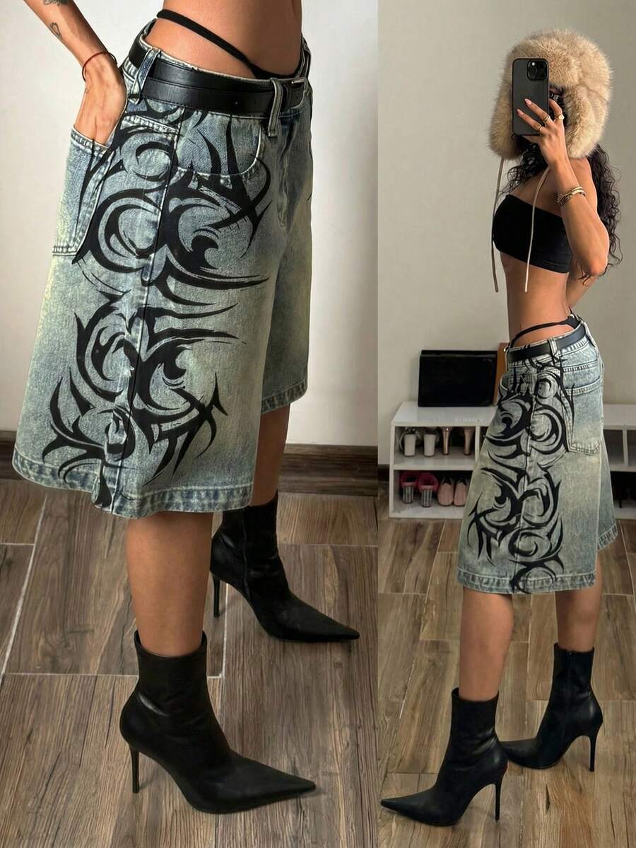 StreetHx Pantalones cortos vaqueros holgados de pierna ancha con bolsillos estampados para mujer - Azul - Ver 1