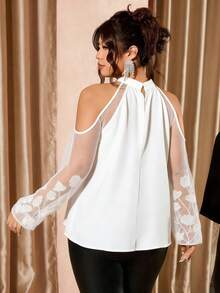Cravure Plus Size Women Water-Soluble Lace Solid White Long Sleeve Stand Collar Blouse, Elegant - White - View 2