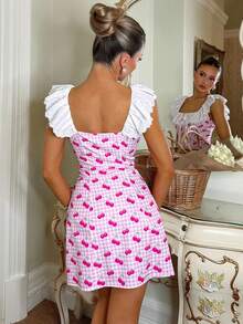 SHEIN Women's Elegant Pink Plaid Ruffle Collar Low Neck A-Line Mini Dress, Summer - Multicolor - View 2