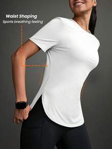 Powerista Camiseta deportiva casual de unicolor con abertura lateral y manga corta para mujer - Blanco - Ver 2