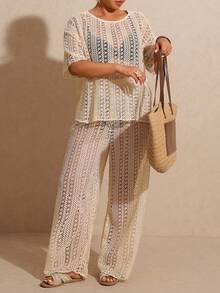 Elaquor 大码女式镂空罩衫套装，度假装 - 杏色 - 查看 6