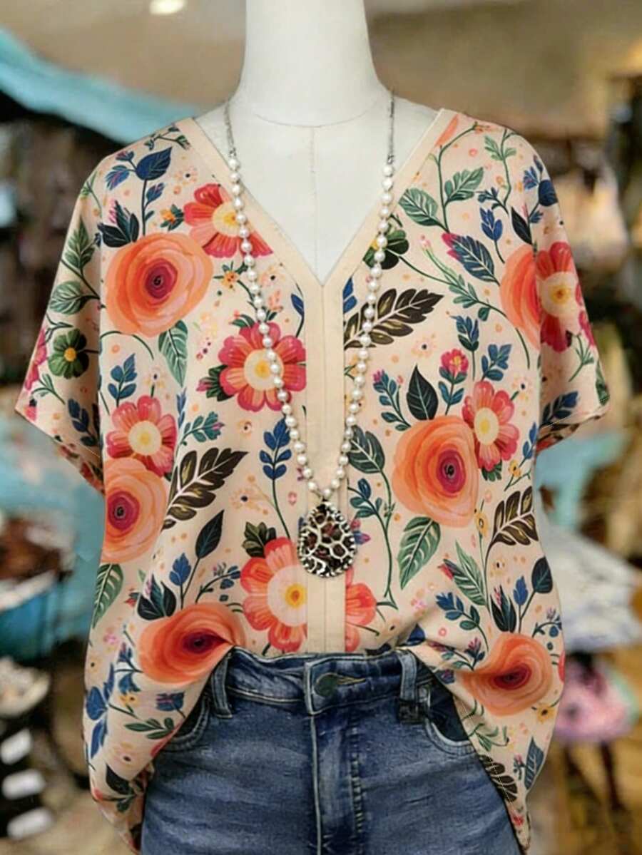 Linhara Large-Sized Woven Summer Women's Shirt For Casual Vacation - Apricot - View 1