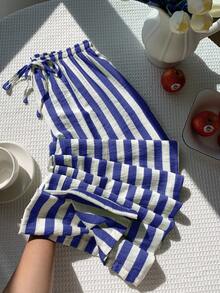SHEIN EZwear 女士条纹抽绳腰带休闲百搭阔腿裤，适合日常穿着 - 藍白色 - 查看 7