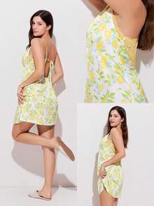 LUVLETTE 丝滑缎面蕾丝边橙色V领度假风花卉图案吊带娃娃睡裙，轻盈透气，性感迷人，适合春夏穿着。 - 黃色 - 查看 3