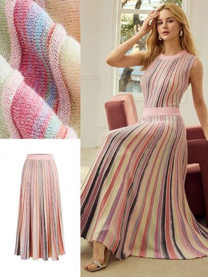 MOTF PREMIUM VACATION COLORFUL STRIPED PATTERN KNIT SKIRT