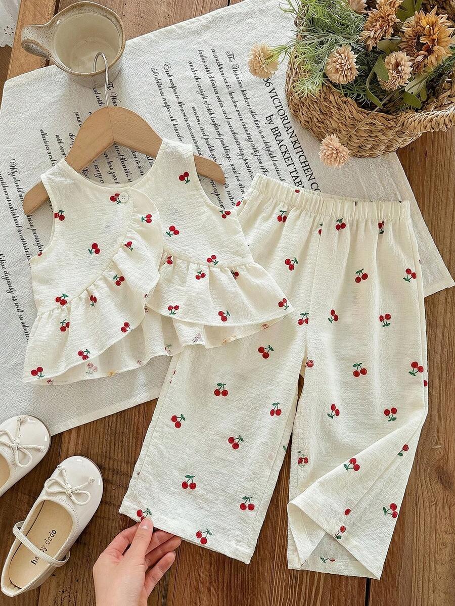 LMoss Kids 2pcs Baby Girl Ditsy Floral Woven Vest And Leggings Set - Multicolor - View 1