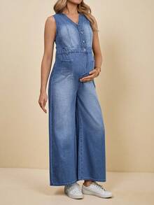 SHEIN Maternity V-Neck Sleeveless Front Button Casual Loose Denim Jumpsuit, Summer Spring To Summer Carnival Costume Commuting Vacation Graduation Chic Y2k Cute Streetwear Party Wedding Elegant Business Casual Woman Women's V Neck Sleeveless Denim Wide Leg Jumpsuit With Button Details - Blue - View 5