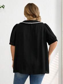 SHEIN CURVE+ Plus Size Women's Solid Color Simple Peter Pan Collar Blouse/2026 /New Year - Black - View 2
