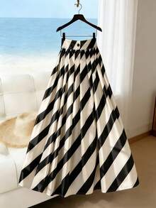 Franclia Striped High Waist Pleated Skirt, Fresh Summer, Vacation, Versatile, Daily, Commute - Apricot - View 1