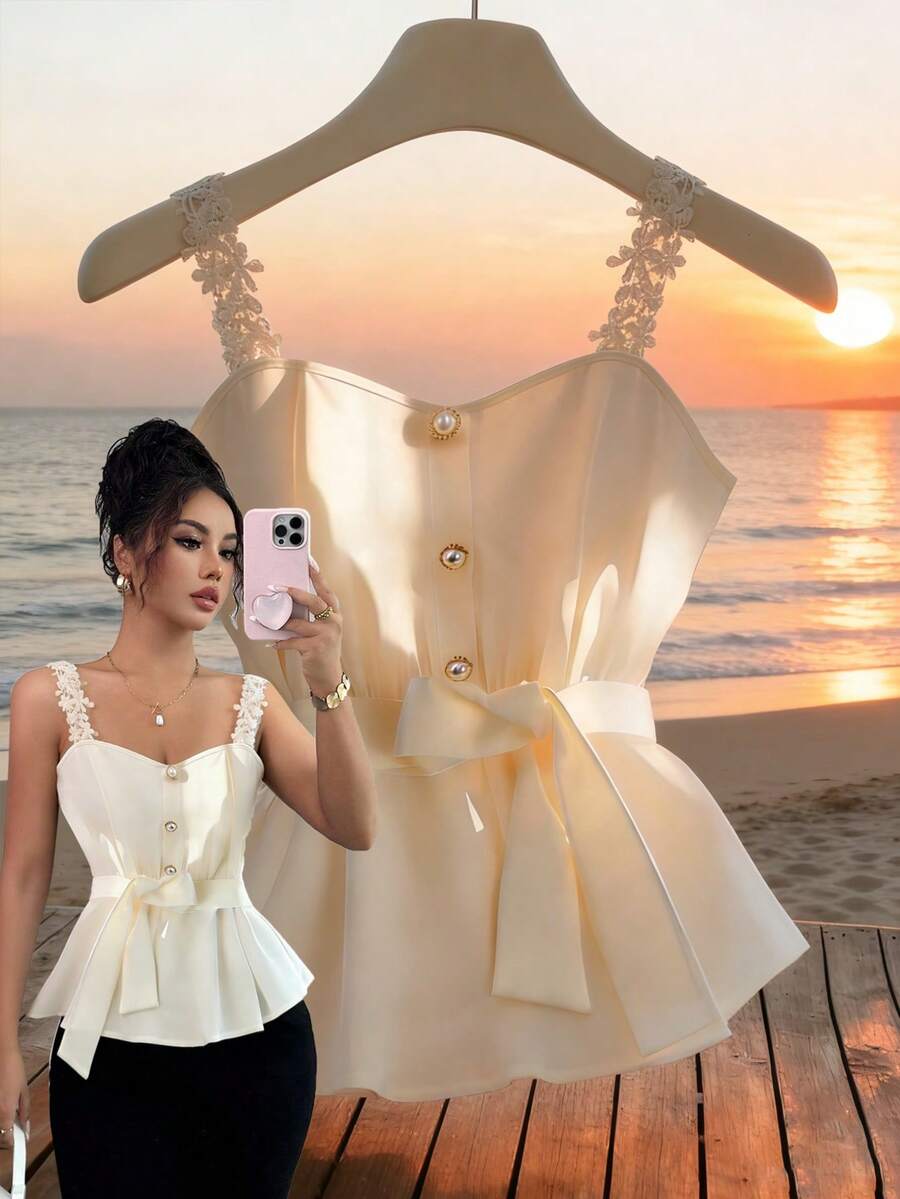 GlowEve 新款时尚优雅休闲沙滩背心，花卉蕾丝露背设计，腰部系带蝴蝶结装饰，无袖上衣，女士夏季外套 - 杏色 - 查看 1