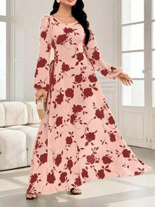 Al Najma Round Neck Lantern Sleeve Side Drawstring Dual-Color Print Dress - Red - View 5