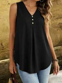 Linavere Áo tank top nữ thời trang thường ngày dáng rộng không tay cổ chữ V - Thiết kế cúc giả - Phong cách tối giản thanh lịch, phù hợp cho đi làm và mặc hàng ngày - Áo đen nữ - màu đen - Xem 7