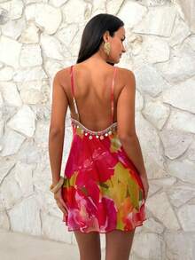 Firerie 女士夏季新款印花深V网纱露背吊带迷你连衣裙，度假短裙，流苏串珠装饰长裙，春夏服装，优雅，通勤，约会，派对，音乐节，波西米亚风，度假，波西米亚风，海滩，夏威夷 - 彩色 - 查看 4