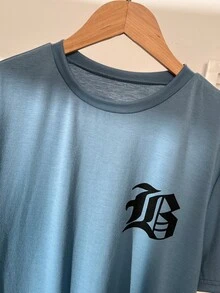Vacaura 两件套休闲青少年男童字母图案及Logo设计T恤套装，时尚简约质感，适合日常通勤 - 霧霾藍 - 查看 7
