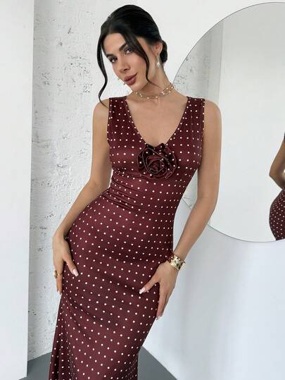 RiviMae 女士花卉装饰波点印花无袖修身优雅连衣裙