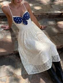 Easelle Đầm chữ A chấm bi kiểu Bohemian cổ điển với dây đeo vai mảnh, phần eo xếp ly, dành cho nữ. - Màu be - Xem 6
