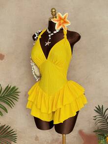 Sunspun Sexy Deep V Neck Backless Layered Ruffle Hem Jumpsuit, Yellow Jumpsuit, Elegant Party Jumpsuit, Summer Jumpsuit, Summer Holiday Outfit, Women's Beach Wear, Vacation Jumpsuit, Women's Casual Jumpsuit, Body-Con Tight Jumpsuit - Yellow - View 6