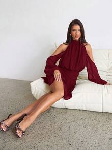 Aloruh Purple-Red Long Sleeve Off-Shoulder Dress, Casual Commuter Elegant Dress With Small Stand Collar, Spring - Burgundy - View 6
