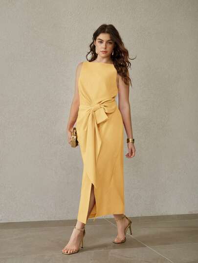 MOTF PREMIUM فستان نسائي كبير الحجم مع عقدة أمامية وشق