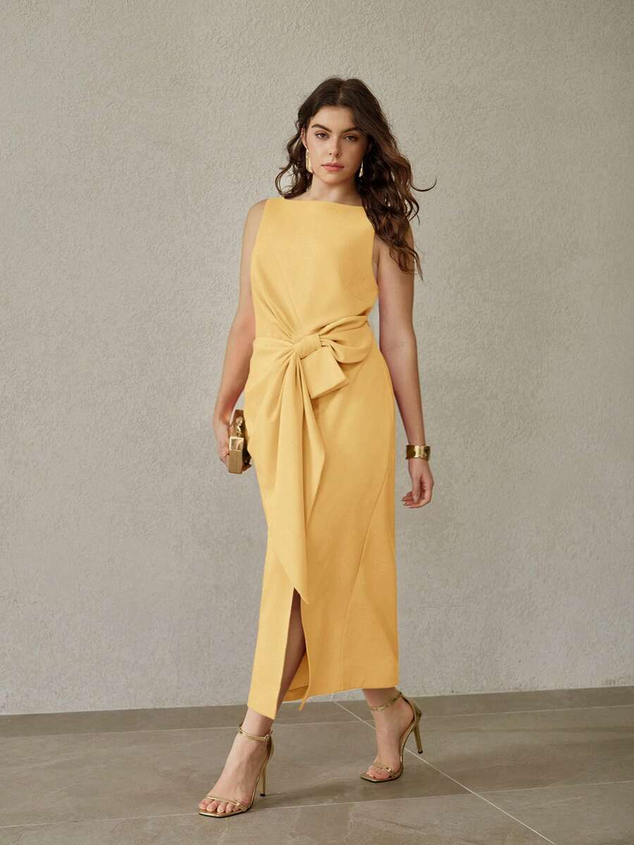 MOTF PREMIUM PLUS SIZE WOMEN'S FRONT KNOT SPLIT DRESS - Yellow - View 1