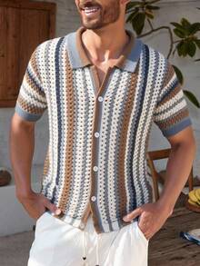 Manfinity Homme 男士撞色单排扣休闲日常针织短袖上衣 - 咖啡棕 - 查看 3