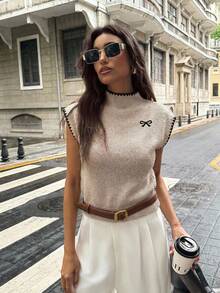 Firerie 女士优雅高领无袖针织背心 - 蝴蝶结和贝壳刺绣，宽松休闲百搭上衣，适合春夏约会、婚礼、派对、海滩度假和节日活动 - 白色 - 查看 7