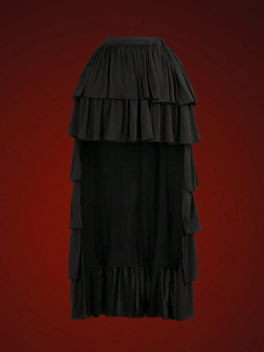 Glisette Elegant Party & Street Black Knit Short Front Long Back Pleated Bodycon Skirt, Summer/Autumn - Black - View 1