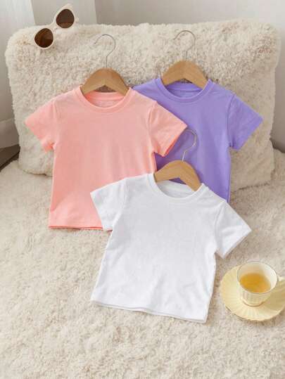 SHEIN Set de 3 camisetas de manga corta de cuello redondo a juego para niñas, blanco, lila claro, rosa, casual y lindo minimalista, adecuado para deportes al aire libre, uso diario, adecuado para otoño, verano, adecuado para niñas, hogar, uso diario, invierno, primavera, verano, versátil a juego