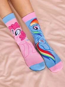 My Little Pony X SHEIN 3双装不对称袜子，柔软透气吸湿，休闲不对称设计，中筒袜，甜美卡通图案，时尚可爱糖果色，女士及女孩袜子，加固趾部和脚跟，经久耐穿，四季皆宜，百搭夏季冬季，图案袜子，Y2K风格，糖果色。 - 彩色 - 查看 6
