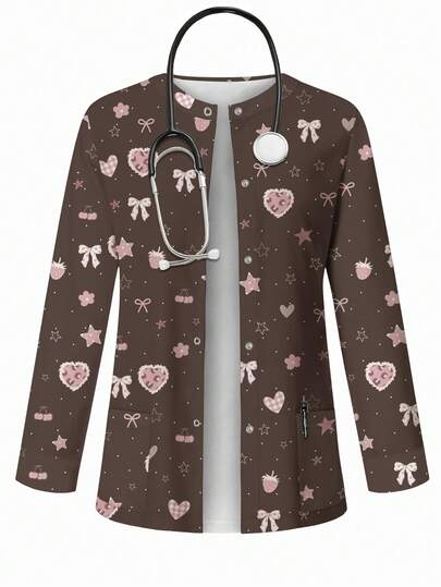 PopScrub Leopard Heart, Bow, Star Minimalist Graphic Print Dark Coffee Scrub Jacket, Spring/Summer Fashion Cardigan With Hanging Earrings Design For Women Nurse Uniform Top, Uniform Jacket