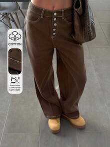 Livesso Jeans de algodón casual de mujer con unicolor y rayas de contraste - Camel - Ver 1