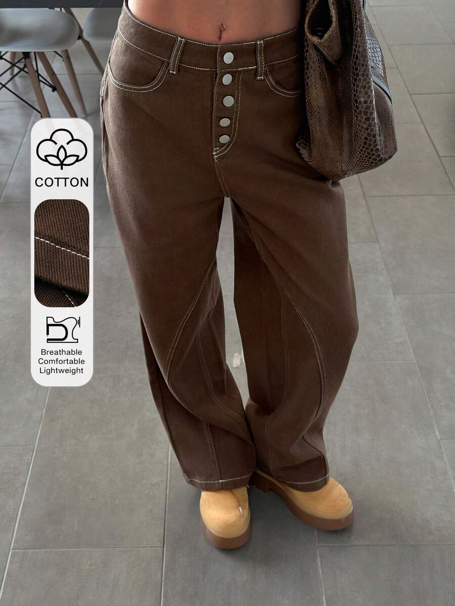 Livesso Jeans de algodón casual de mujer con unicolor y rayas de contraste - Camel - Ver 1