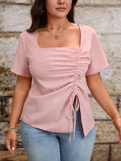 Breezaya 大码女式梭织常规春夏优雅简约约会短袖方领抽绳系带衬衫，粉色