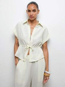 Maija 2pcs White Women's Cinched Waist Ruched Tie-Up Vacation Set, Spring/Summer Beach Outfit Wedding Holiday Outfits - White - View 5