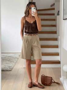 Easowa 女士纯色撞色蕾丝宽松吊带背心，休闲穿搭，女士穿搭灵感，流行穿搭，女士夏季穿搭，女士夏季上衣，夏季上衣，女士夏季穿搭，棕色吊带背心 - 棕色 - 查看 3