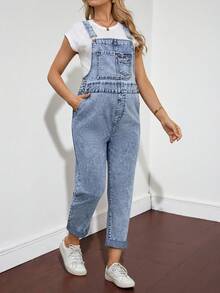 SHEIN Maternity Light Blue Casual Summer Sleeveless Versatile Denim Jumpsuit Spring To Summer Carnival Costume Commuting Vacation Graduation Chic Y2k Cute Streetwear Party Wedding Elegant Business Casual Casual Light Blue Wash Denim Overalls Loose Fit Adjustable Straps Jumpsuit With Pockets - Blue - View 3