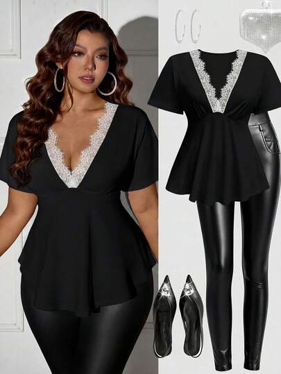 Femmeverse Plus Size Dam Casual V-ringad T-shirt med spetskant