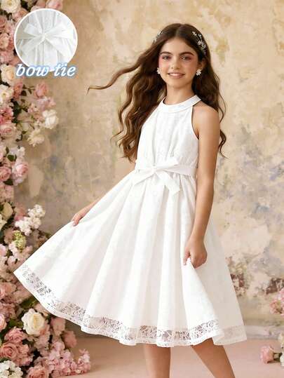 Tween Girl) White Lace New Dress, Spring/Summer, Delicate White Lace Mesh Fabric Sleeveless Waist Dress With Detachable White Ribbon Bow, Suitable For Tween Girlsin Spring/Summer, Minimalist, Elegant, Graceful, Lady-Like, Suitable For School, Outings, Vacations, Parties, Holidays, Wedding Season